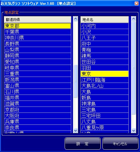お天気グラフ(Weather Plot)ソフトウェア 都道府県地点(全国)の設定画面